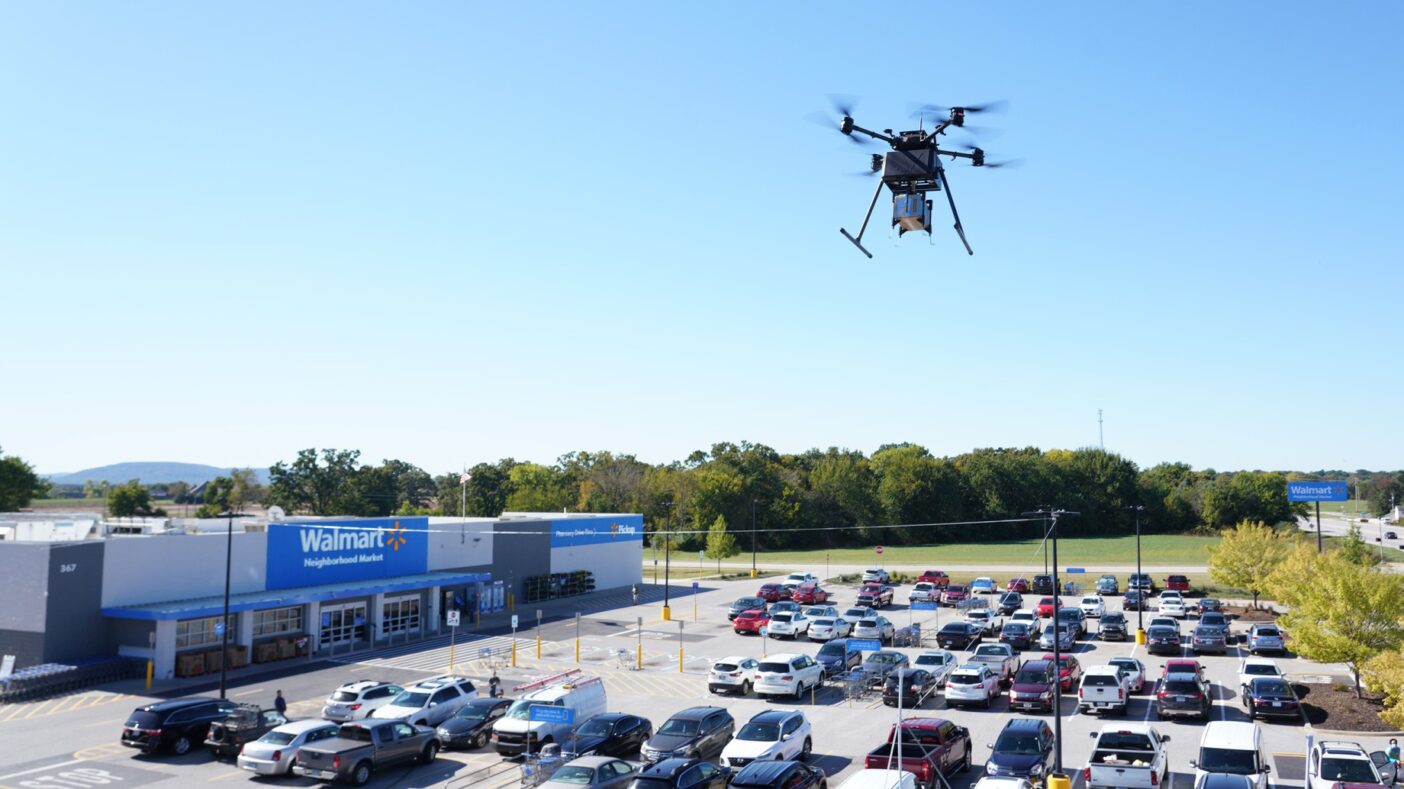 Walmart drone flying above car park